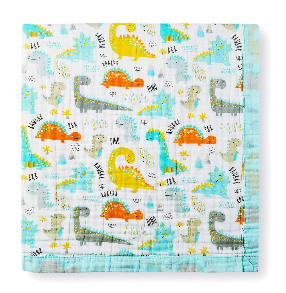 Jay and Ava soft toddler blanket with green dino closeup for cozy cuddles