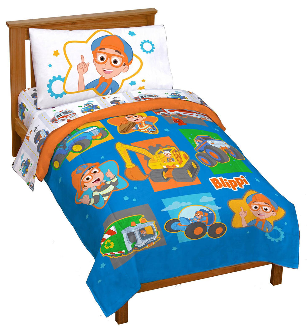 Jay Franco Blippi Meekah toddler comforter set adds colorful trucks to a playful bedroom.