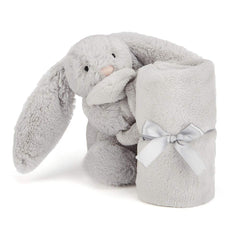 Jellycat Bashful Grey Bunny Soother ears and nose close-up for comforting snuggles