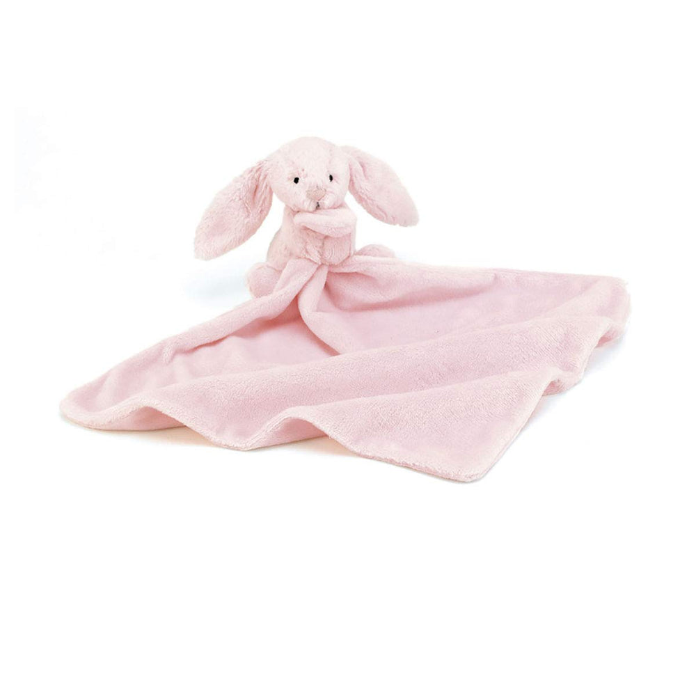 Jellycat Bashful Pink Bunny Soother front view, cozy cuddle companion for bedtime routines