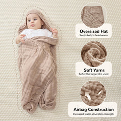 Baby wrapped in Jellymoni hooded towel, warm and cozy