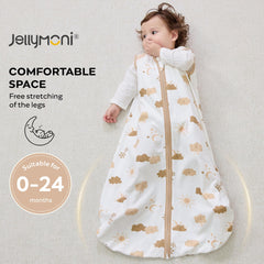 Jellymoni Sleep Sack worn by baby shows comfortable mobility for hips