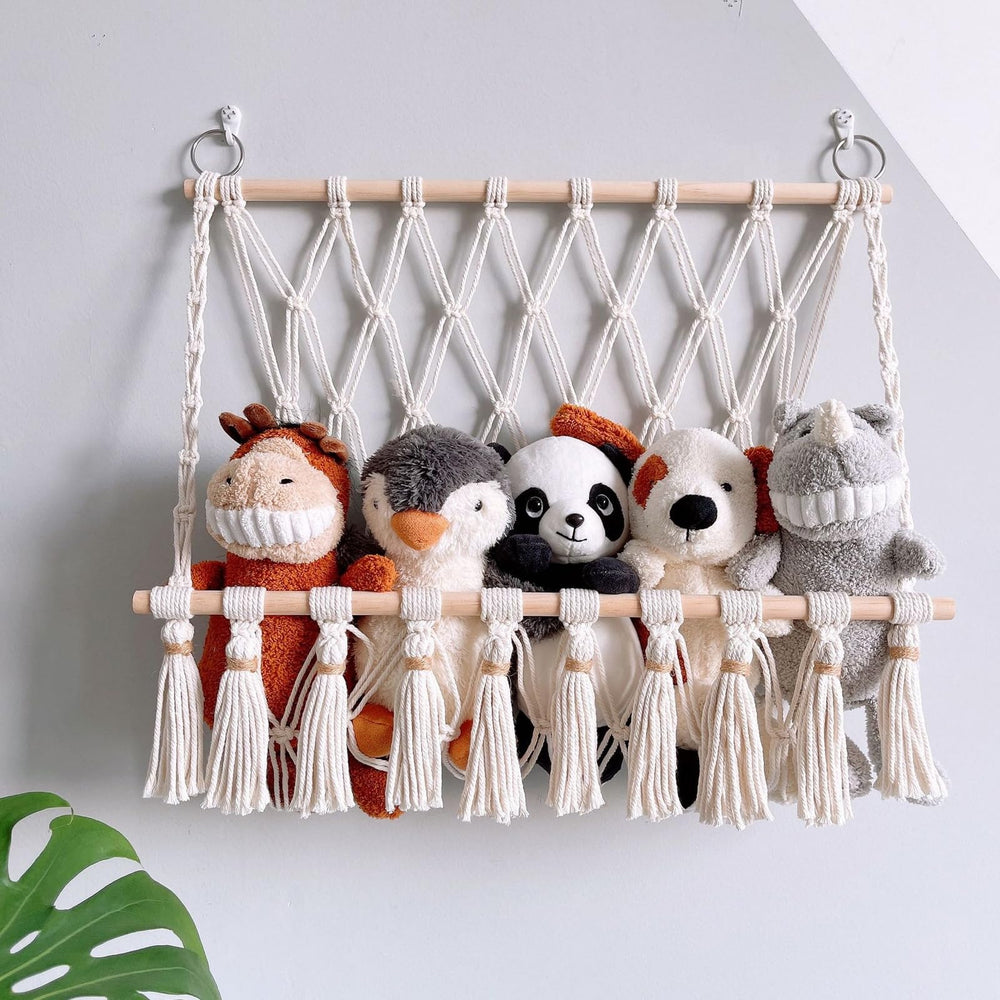 Jenpech macrame toy storage net hammock neatly displaying plush toys for a cozy nursery.