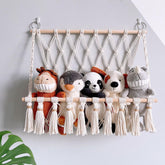 Jenpech macrame toy storage net hammock neatly displaying plush toys for a cozy nursery.