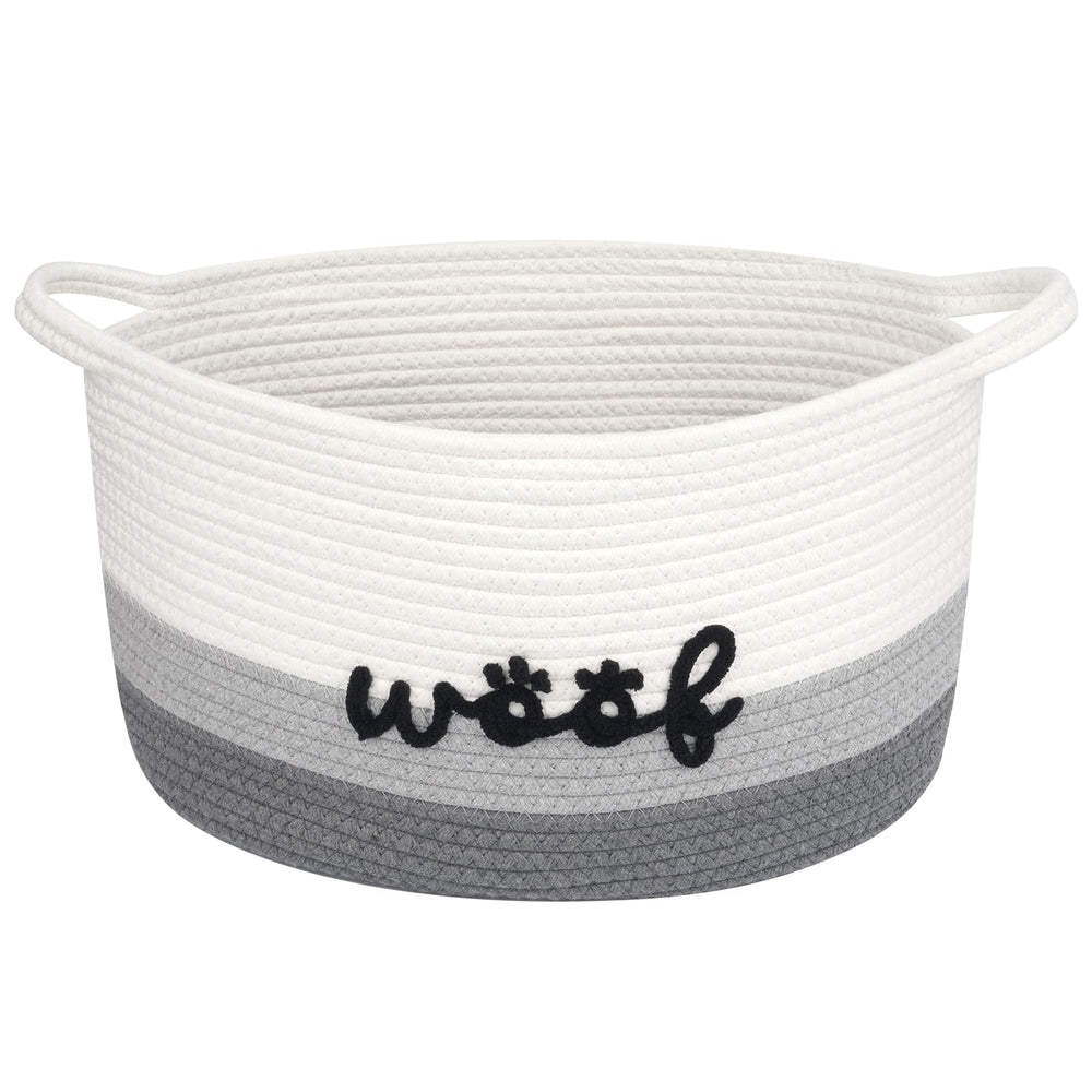 JEROKUMI dog toy basket with woof embroidery keeps living room toys organized.