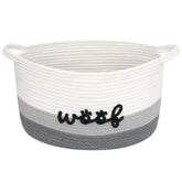 JEROKUMI dog toy basket with woof embroidery keeps living room toys organized.