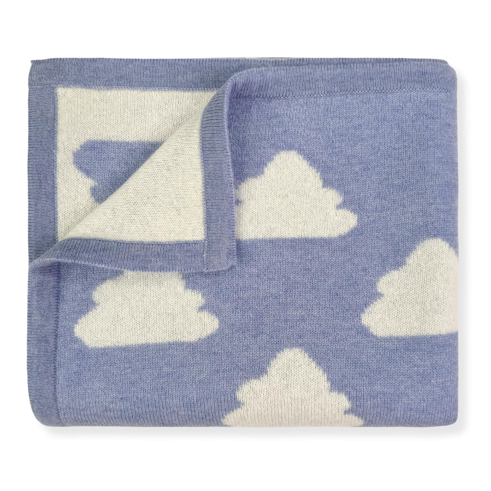 Jet&Bo BABY sky-and-cloud design on a reversible cashmere blanket for cozy snuggles.
