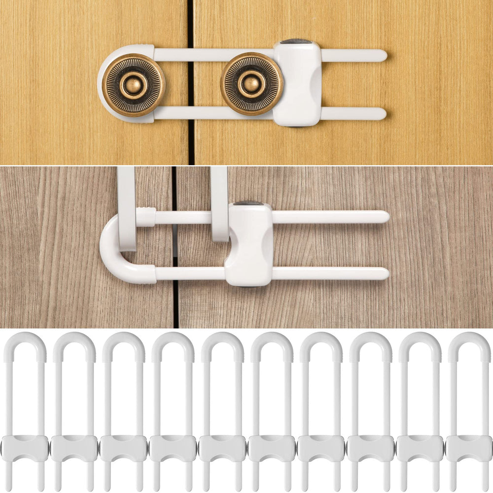 Jetec 10-piece cabinet locks with U-shaped design keep curious babies away from cabinets.