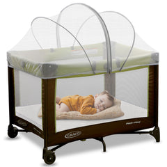 Jiangcha pack and play cover mosquito net shields baby from mosquitoes and dust.