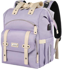 Jiefeike diaper bag backpack front view in purple, easy carry and chic travel companion