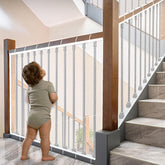 JIFTOK Baby Gate on stair banister netting for safer stair passages.