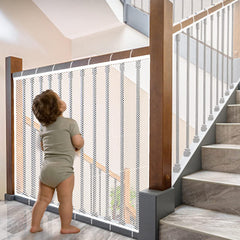 JIFTOK Baby Gate on stair banister netting for safer stair passages.