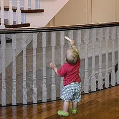 JIFTOK baby gate stairs banister guard shows two-panel mesh setup for wide banisters