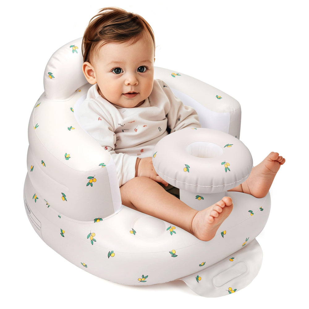 Jikasho inflatable baby seat with tray for on-the-go meals.