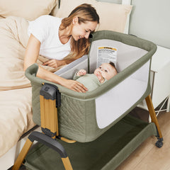 Jimglo bedside sleeper in green keeps baby within arm's reach for night feeds