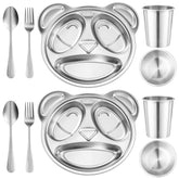 Jinei panda plate set close-up shows durable stainless steel for toddlers.