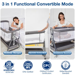 Jixrolyn bedside bassinet attachment beside the bed for easy access.