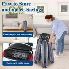 Jixrolyn foldable playpen with mat folded for compact storage and transport.