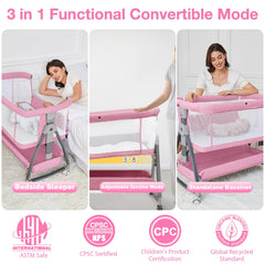 Jixrolyn pink bassinet all-around air mesh provides visibility and breathability.