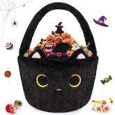 JIZWPOOM Black Cat Plush Halloween basket with embroidered face for candy storage.