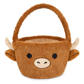 JIZWPOOM Highland Cow plush Easter basket for kids, soft and cuddly decor for egg hunts.