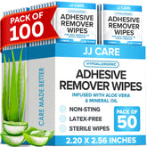 JJ CARE adhesive remover wipes pack of 100 for easy dressing changes and residue removal.