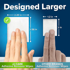 JJ CARE sting-free adhesive remover wipes gentle on sensitive skin.