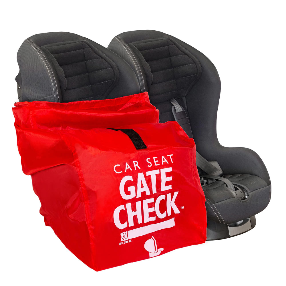 J.L. Childress gate check bag for car seats in red at the gate, protects seat during travel