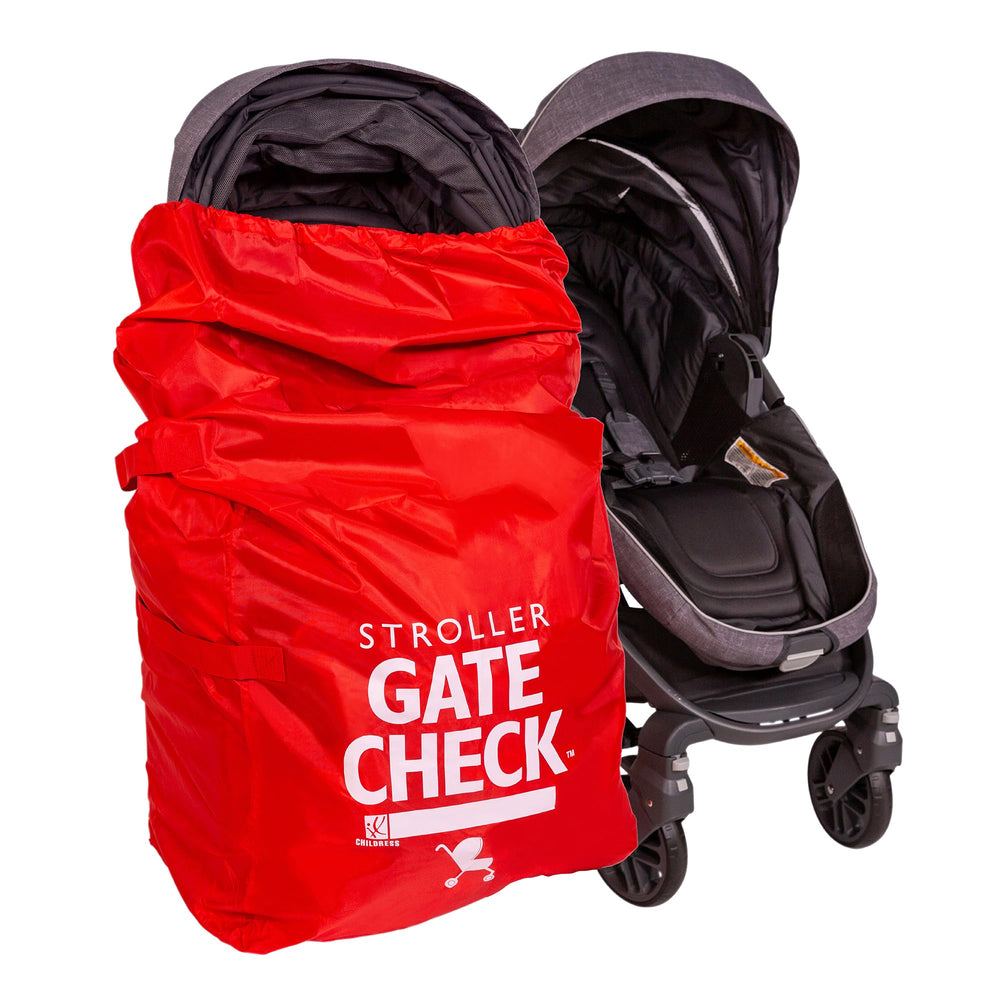 J.L. Childress gate check bag in red protecting a stroller at the gate