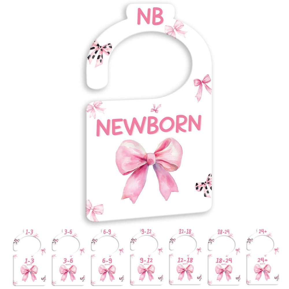 JMOST Pink Bows baby closet divider front view shows clearly labeled sizes for quick outfit changes.