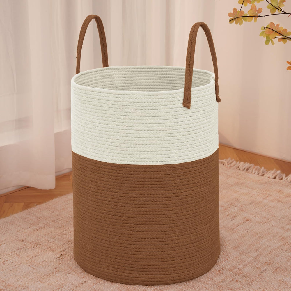 JMvicyroam large woven laundry basket 60L in white-brown for blankets and towels.