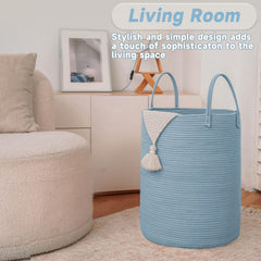 JMvicyroam large woven laundry basket blue - handle closeup highlights soft grip.