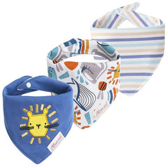 JN&LULU 3-pack newborn bandana bibs in the Lion Sun pattern for drool control and easy care
