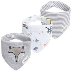 JN&LULU bandana bibs in Grey Fox print protect outfits from drool while staying stylish.