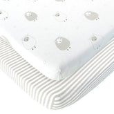 Joey and Joan travel crib sheets show ultra-soft jersey cotton for baby comfort.