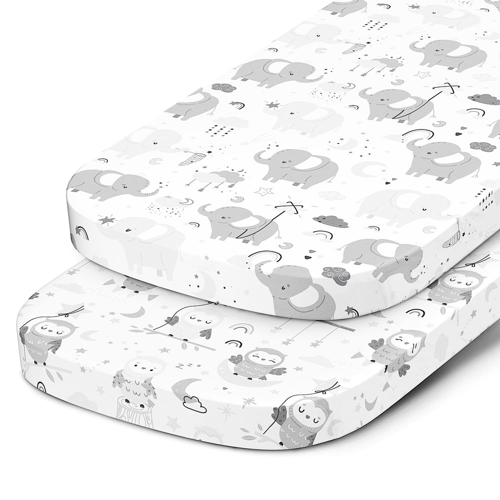 Joey + Joan bassinet sheets 2-pack in packaging, ready for easy changes.