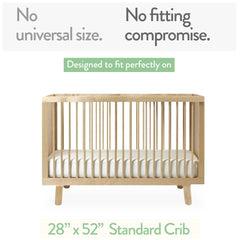 Joey + Joan navy fitted crib sheet on a 28x52 mattress, snug and secure.
