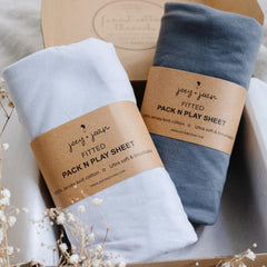 Joey + Joan pack and play sheets in soft-touch jersey cotton for baby comfort.