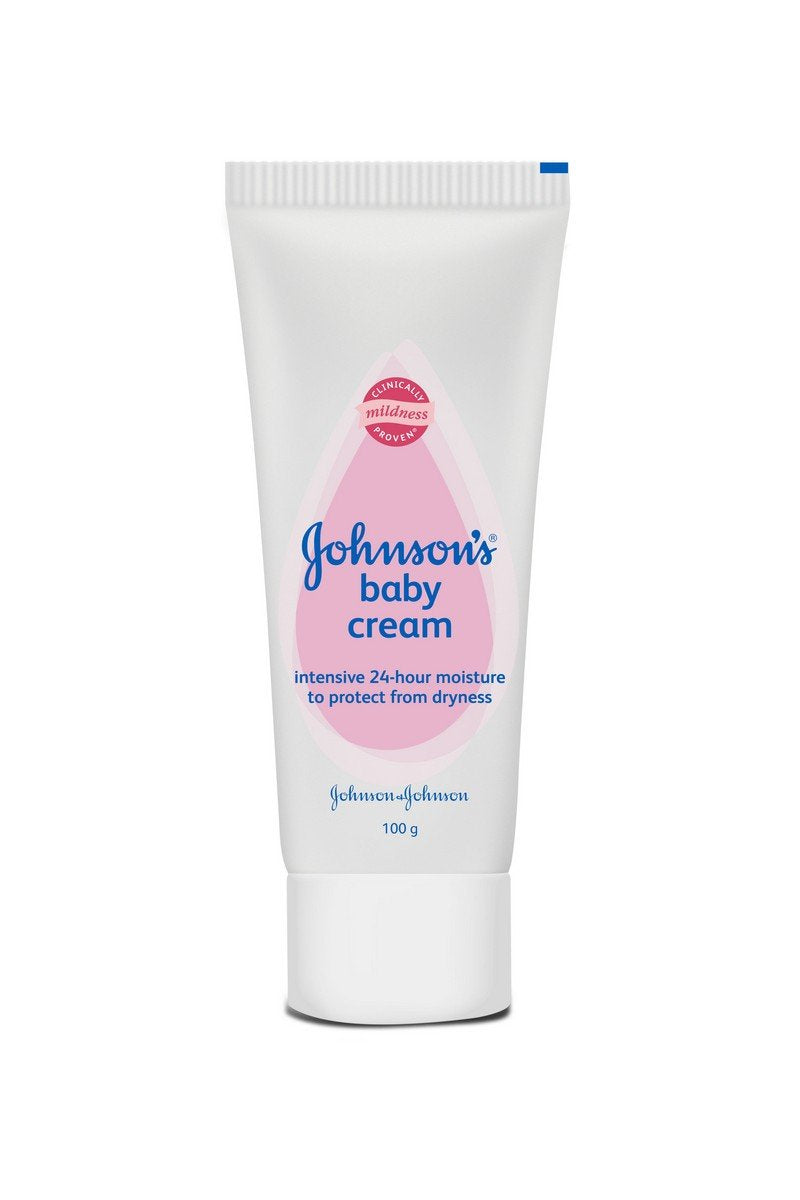 Johnson's Baby Cream packaging close-up highlighting gentle formula for sensitive skin.