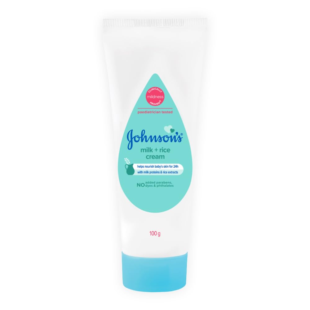Johnson's Baby Milk and Rice Cream bottle showing 24-hour moisture for newborn skin.
