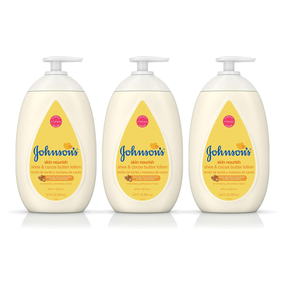 Johnson's Baby Moisturizing Dry Skin Lotion bottle, gentle moisture with cocoa butter for 24-hour care
