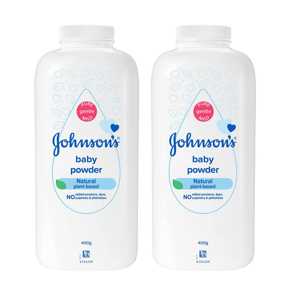 Johnson's Baby Powder front view twin pack 400g for everyday gentle protection.