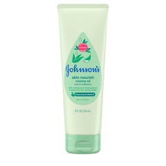 Johnson's Skin Nourish Creamy Oil with aloe scent adds gentle moisture for baby skin.