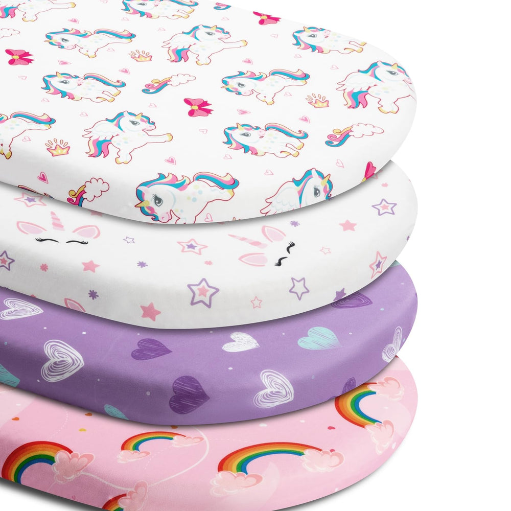 Jola's House unicorn rainbow heart bassinet sheet 4-pack enhances nursery decor and comfort for baby.