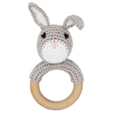 Joliecraft Gray Bunny Rattle with teether ring for soothing teething and sensory play.