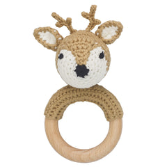 Joliecraft woodland deer rattle with wooden teether ring for sensory play