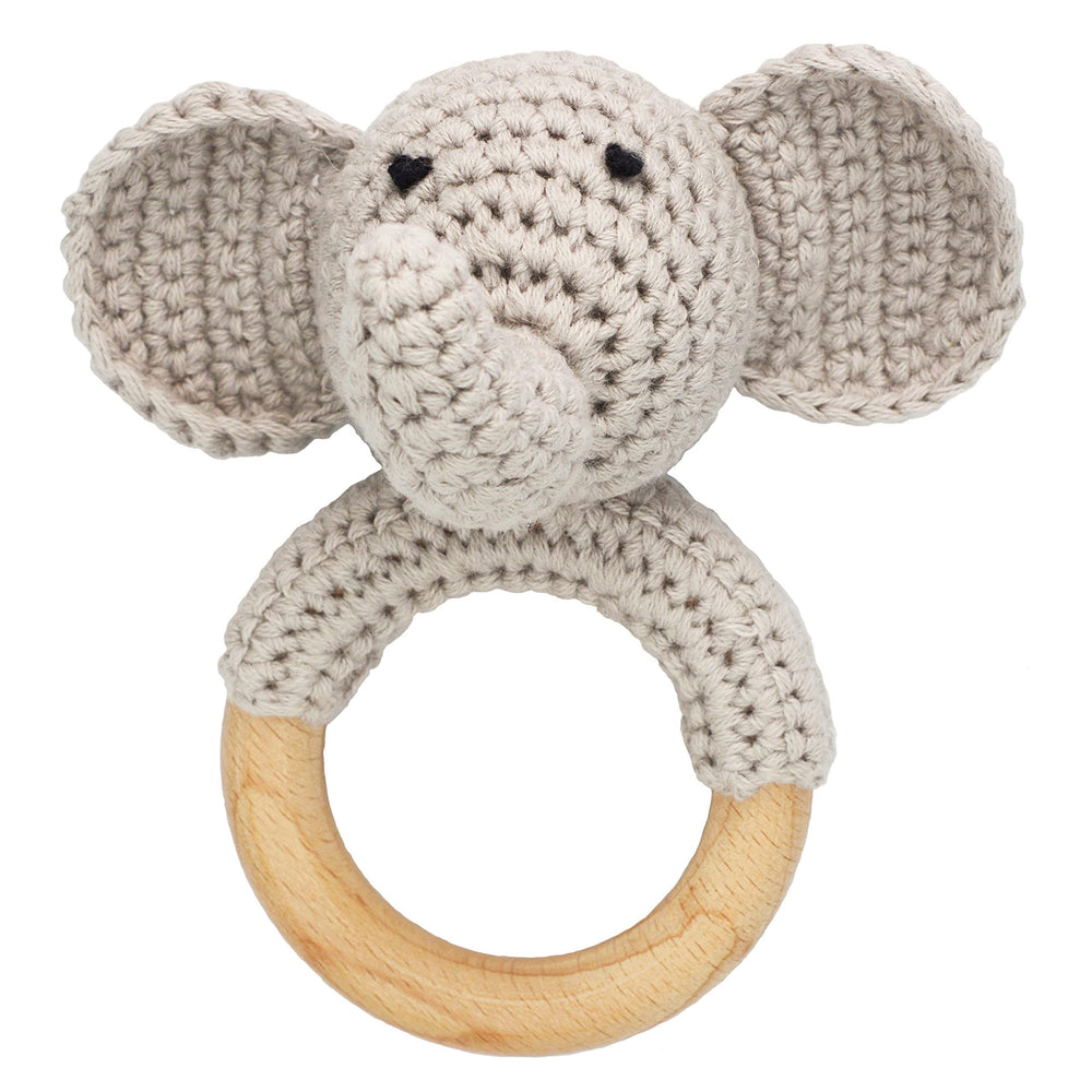 Joliecraft Woodland Friends elephant rattle with soft stitches for baby's sensory play.