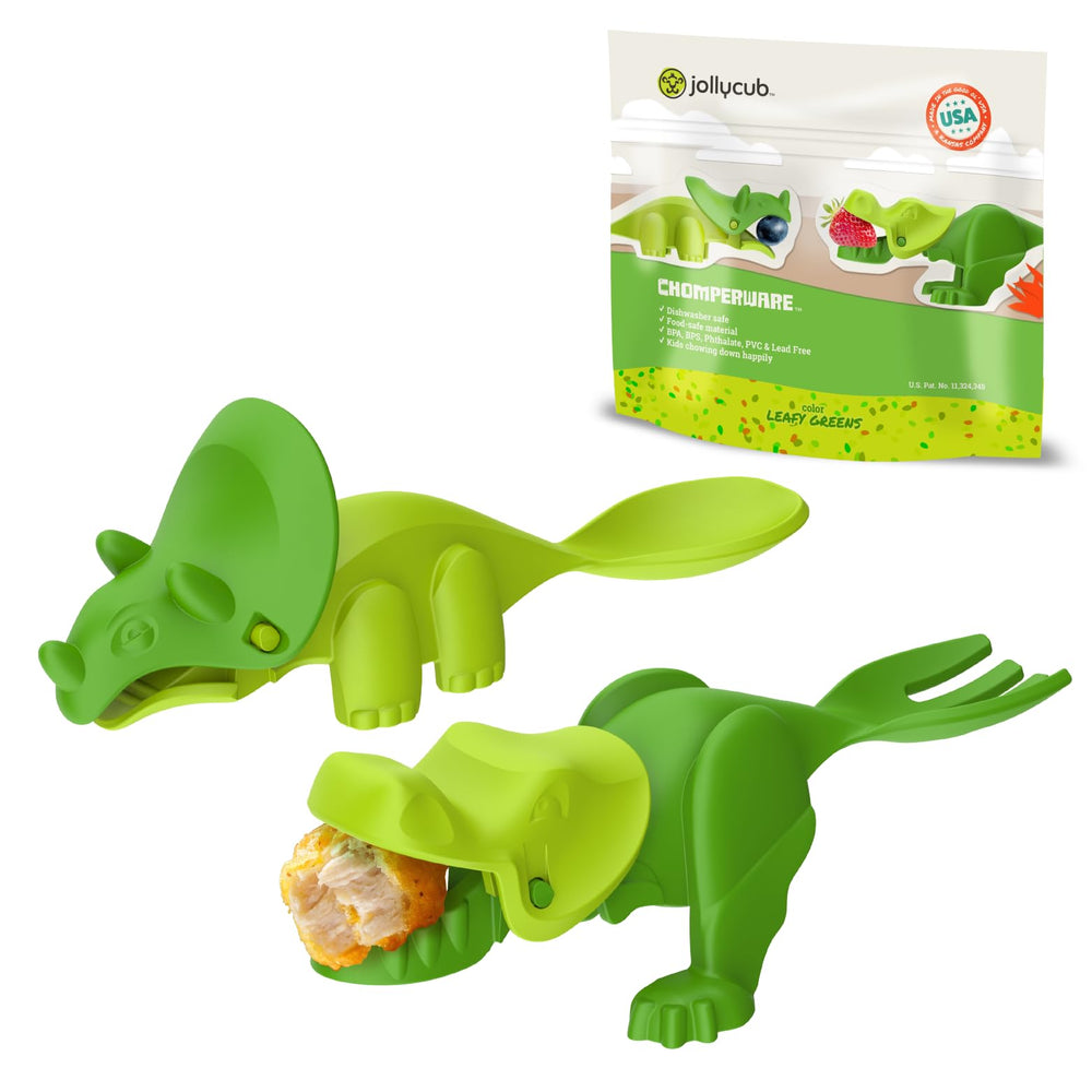 JollyCub dino chomperware avocado fork close-up encourages bite-sized exploration