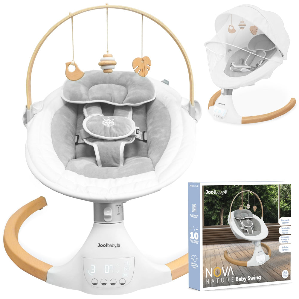 Jool Baby Nova Nature Swing with side-to-side motion for soothing newborns.