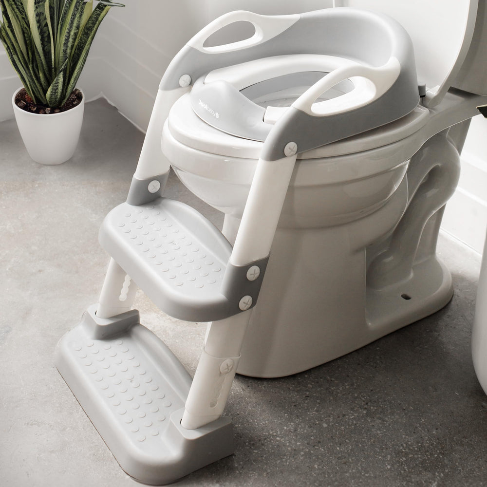 Jool Baby potty training seat with 2-step ladder, front view, supports independent toilet use